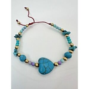 Adjustable Turquoise BeadBracelet Gold Tone Boho Handmade Cord Unisex